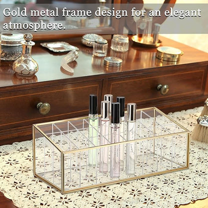 ELLDOO Rollerball Perfume Organizer, 24 Acrylic Spaces Glod Glass Perfume Storage Holder Beauty Scent Holder, Makeup Lipgloss Lipstick Display Case