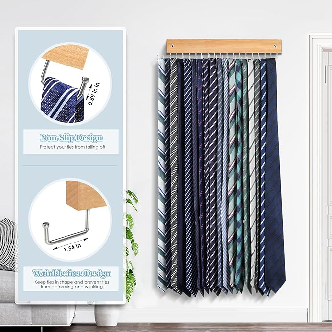 Tie Rack Belt Hanger Wall Mounted, Lomrsiul Non Slip 180 Degree Rotating Tie Organizer for Men Closet with 18 Hooks Closet Organizers and Storage for Tie Belt Necklace Purse Scarf Bag Natural 1 Pack