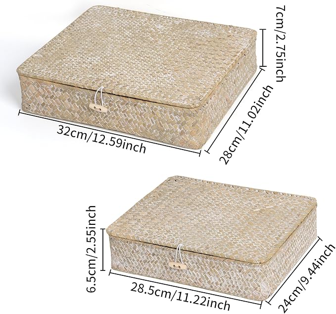 Moosky Flat Wicker Shelf Baskets with Lid, Seagrass Woven Basket Boxes for Storage Basket Bins Multipurpose Home Decor Organizer (Whitewash Set of 2)