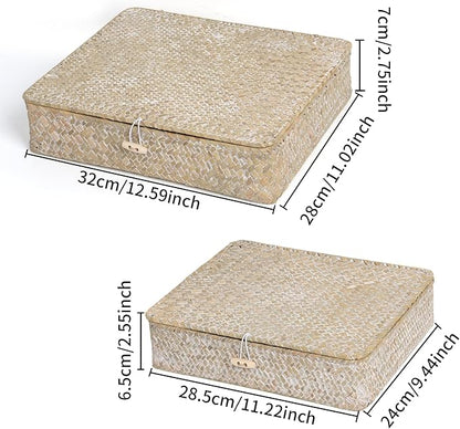 Moosky Flat Wicker Shelf Baskets with Lid, Seagrass Woven Basket Boxes for Storage Basket Bins Multipurpose Home Decor Organizer (Whitewash Set of 2)
