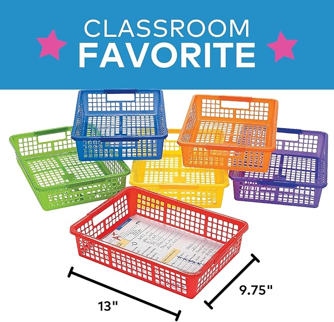 Fun Express Stackable Storage Bins 13x9.75x3 Inch - 6 Pack Colorful Plastic Storage Baskets with Handles for Classroom Organization | Paper Trays for Teachers, Office Storage & Home Organizing