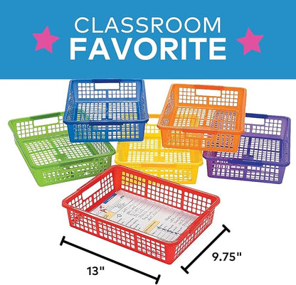 Fun Express Stackable Storage Bins 13x9.75x3 Inch - 6 Pack Colorful Plastic Storage Baskets with Handles for Classroom Organization | Paper Trays for Teachers, Office Storage & Home Organizing