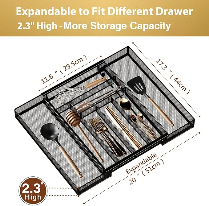 Sedegn Silverware Organizer Metal Mesh, Large Drawer Organizer, Utensil Cutlery Tray for kitchen drawers, Expandable Flatware Organizer with 8 Compartment Black 11.6"~20" x 17.3"