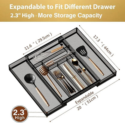 Sedegn Silverware Organizer Metal Mesh, Large Drawer Organizer, Utensil Cutlery Tray for kitchen drawers, Expandable Flatware Organizer with 8 Compartment Black 11.6"~20" x 17.3"