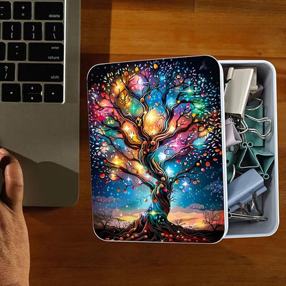 Metal Tin Box Sturdy Metal Storage Box with Lid, Large Container Holder for TCG Cards,Car Keys,Cookies,Tin Containers for Gift,5.0x3.7x1.6 Inch,Exquisite Pattern Design(Shining Tree)