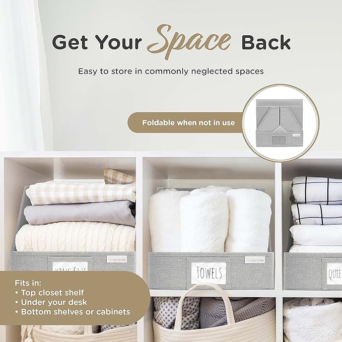 VIVIDECOR Open Front Trapezoid Closet Bins 12x12x10 – Easy Access Shelf Organizer, Fabric Storage Baskets for Clothes, Linen, Sweaters – Light Gray, 3 Pack
