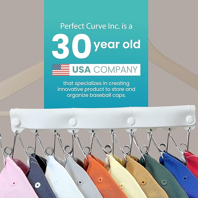 Perfect Curve Baseball Cap Hanger - Store 10 Caps with Button Clips, Silicone & Metal Construction, White, 1-Pack