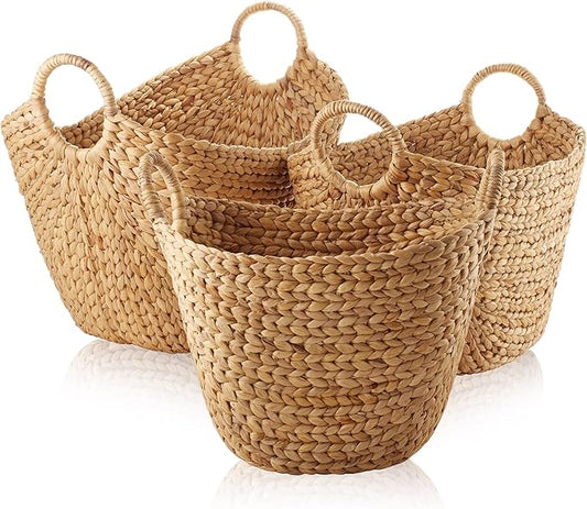 Casafield Set of 3 Multipurpose Boat Baskets with Handles - Natural, Woven Water Hyacinth Storage Organizers for Throw Blankets, Bedroom, Laundry