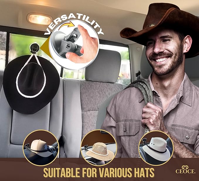 Car Cowboy Hat Holder for Truck – Easy-to-Use, Cotton Rope, Strong Suction Car Hat Holder Cowboy, Western Style – Keeps Gear Safe from Damage. (3-Pack)