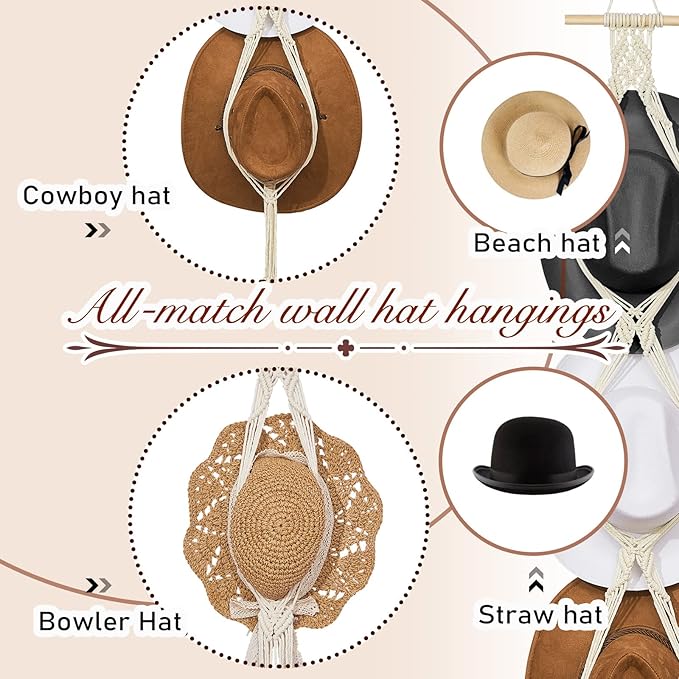 Yulejo Macrame Hat Hangers Racks Boho Cowboy Hats Holders Western Display Organizer Storage decor Back of Door for Wall(White,Four Hats Style)