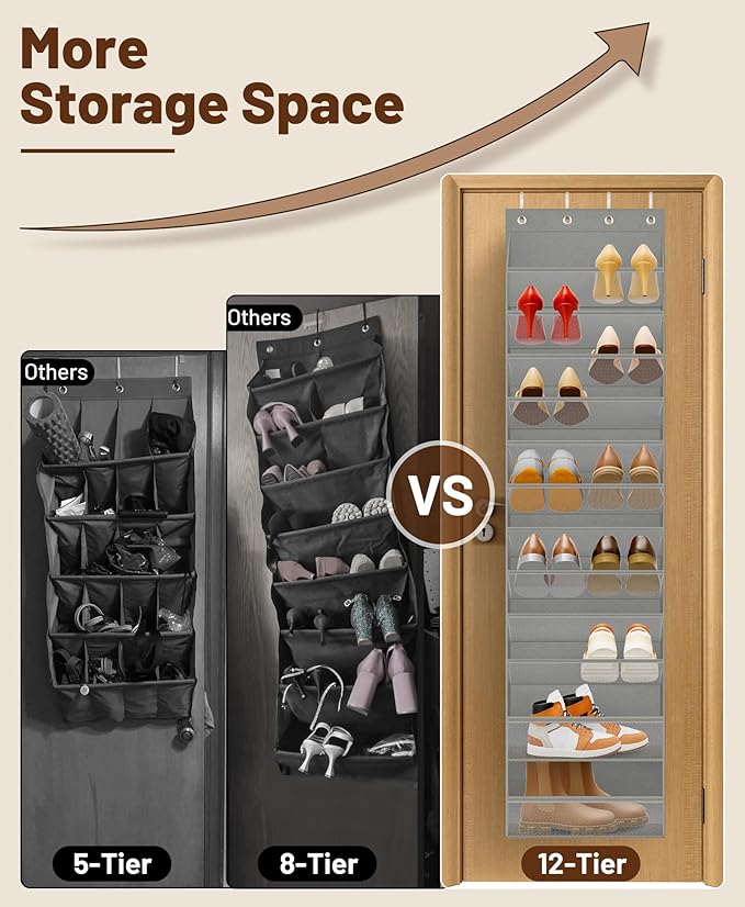 MISSLO 12 Tier Over the Door Shoe Organizer Breathable Mesh Hanging Shoe Rack for Closet Storage Shoe Holder for Door Fit 24 Pairs Sandals, Heels, Boots (Grey)