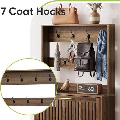 Tall Shoe Cabinet with Coat Rack, Shoe Storage Cabinet with Louvered 2 Doors, Tall Freestanding Entryway Shoe Cabinet with Adjustable Shelves, Modern Shoe Organizer Cabinet, Shoe Rack Cabinet (Walnut)