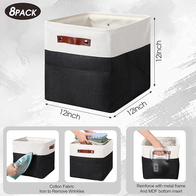 Uiifan 8 Pack 12 x 12 x 12 Inch Large Storage Baskets Collapsible Fabric Storage Cubes Bins with Handles for Shelves Closets Nursery Home Clothes Toys Organizers, Black