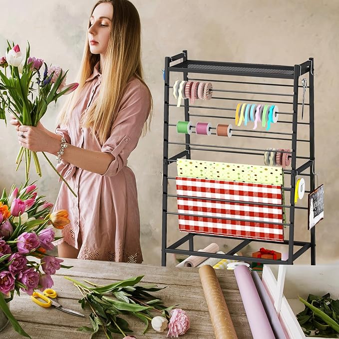 lukar Ribbon Holder, Rolling Ribbon Storage Organizer Rack for Craft Room, 16 Tier Metal Ribbon Holder Organizer Rack, Christmas Ribbon Storage Rack for Home Flower Shops