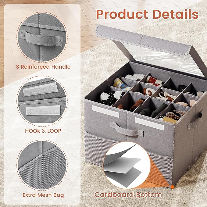 PHINOX Shoe Organizer for Closet, Fits 12-24 Pairs, Shoe Storage Bins with Clear Cover and Reinforced Handles, Foldable Shoe Storage Organizer, Space Saving Shoe Holder for Wardrobe, 2 Pack Gray