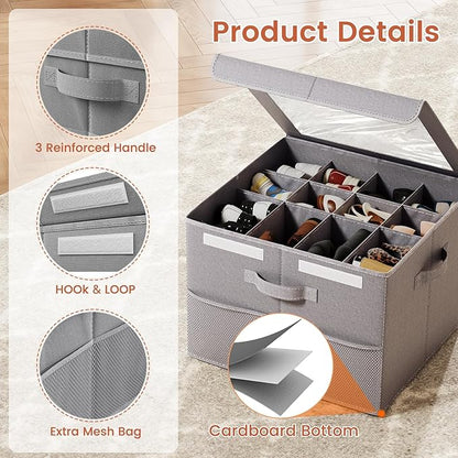 PHINOX Shoe Organizer for Closet, Fits 12-24 Pairs, Shoe Storage Bins with Clear Cover and Reinforced Handles, Foldable Shoe Storage Organizer, Space Saving Shoe Holder for Wardrobe, 2 Pack Gray