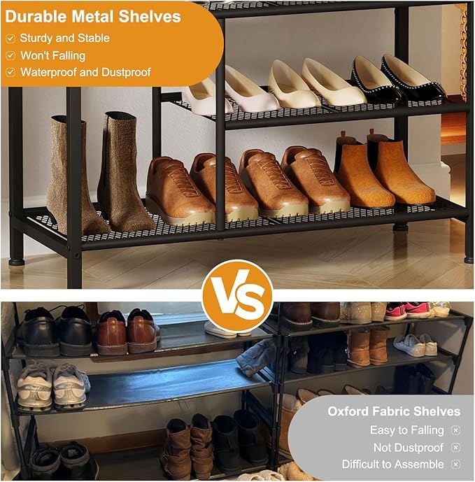 Snughome Shoe Rack for Entryway, 4 Tier Shoe Organizer with 2 Non-Woven Drawers, Shoe Storage Shelves with Sturdy Wooden Top and Metal Shelves, Shoe Stand for Closet