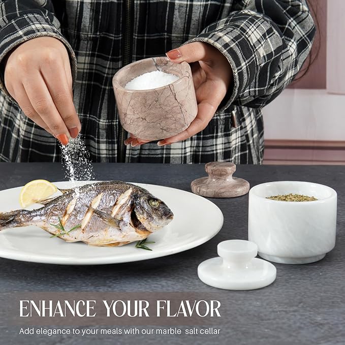 MARBLOUS KRAFTS Marble Salt Cellar with Lid 3" White and Marinara Salt, Pepper Bowls, Seasoning Containers Kitchen Storage, Perfect Mother’s Day Gift for Mom, Decorative Spice Jar, Home Décor