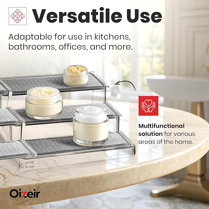 Oizeir Expandable Spice Rack Organizer for Cabinet (2 Pack), 3-Tier Clear Tiered Shelf, Non-Slip Adjustable Spice Cabinet Organizer for Kitchen Pantry, Medicine, Seasoning & Bottle Storage