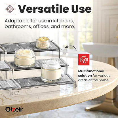 Oizeir Expandable Spice Rack Organizer for Cabinet (2 Pack), 3-Tier Clear Tiered Shelf, Non-Slip Adjustable Spice Cabinet Organizer for Kitchen Pantry, Medicine, Seasoning & Bottle Storage