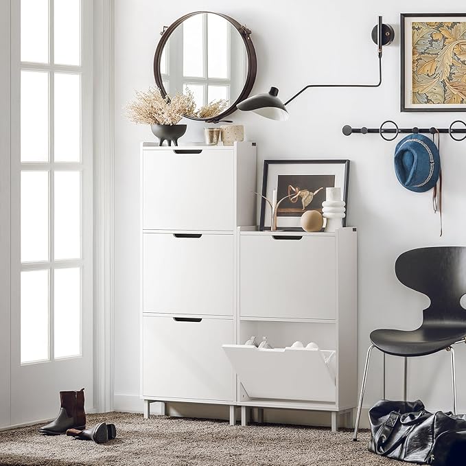 SoBuy Slim Shoe Cabinet Entryway, Narrow Shoe Rack with 2 Flip-Drawers, White Shoe Organiazer Hallway, Hidden Shoe Storage Cupboard Entrance, FSR151-W