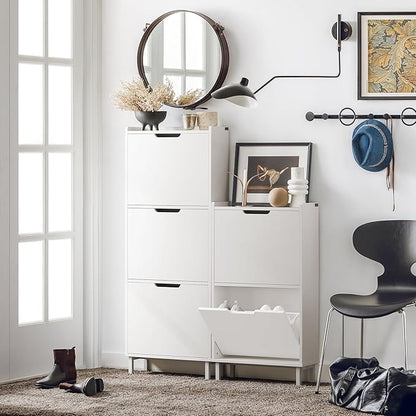 SoBuy Slim Shoe Cabinet Entryway, Narrow Shoe Rack with 2 Flip-Drawers, White Shoe Organiazer Hallway, Hidden Shoe Storage Cupboard Entrance, FSR151-W
