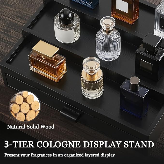 Wooden Cologne Organizer for Men 3 Tier Perfume Stand Organizer with Drawer and Hidden Compartment Cologne Display Riser Shelf Holder for Dresser Figures Fragrances Skincare Makeup Storage (Black)