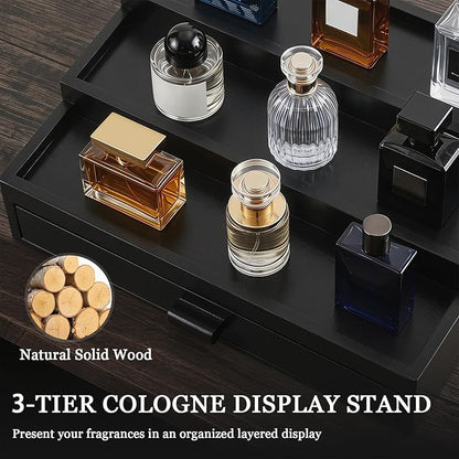 Wooden Cologne Organizer for Men 3 Tier Perfume Stand Organizer with Drawer and Hidden Compartment Cologne Display Riser Shelf Holder for Dresser Figures Fragrances Skincare Makeup Storage (Black)