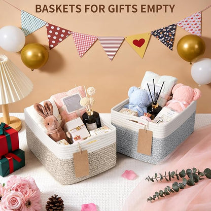 Goodpick 4 Pack Storage Baskets for Shelves, Rectangle Woven Baskets for Organizing, Cotton Rope Storage Bins for Baby Toys, Decorative Basket for Gifts, 13''L x 8''W x 6''H, Brown & White