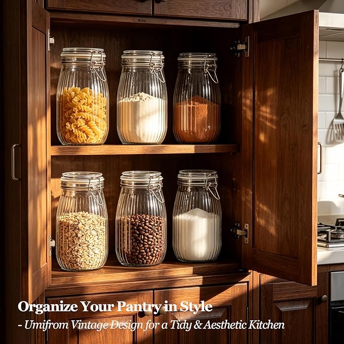 ComSaf 3pcs 50oz Ribbed Glass Jars with Airtight Clamp Lids, Large Vintage Canisters for Flour, Sugar Storage & Fermenting, Wide Mouth for Pantry Organization & Countertop Decor
