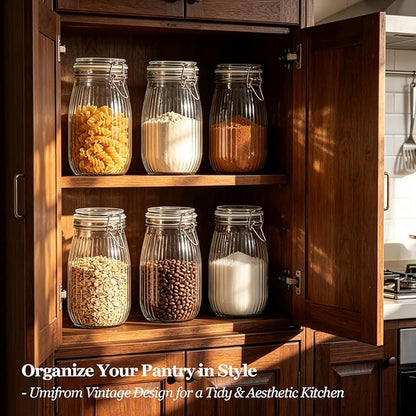 ComSaf 3pcs 50oz Ribbed Glass Jars with Airtight Clamp Lids, Large Vintage Canisters for Flour, Sugar Storage & Fermenting, Wide Mouth for Pantry Organization & Countertop Decor