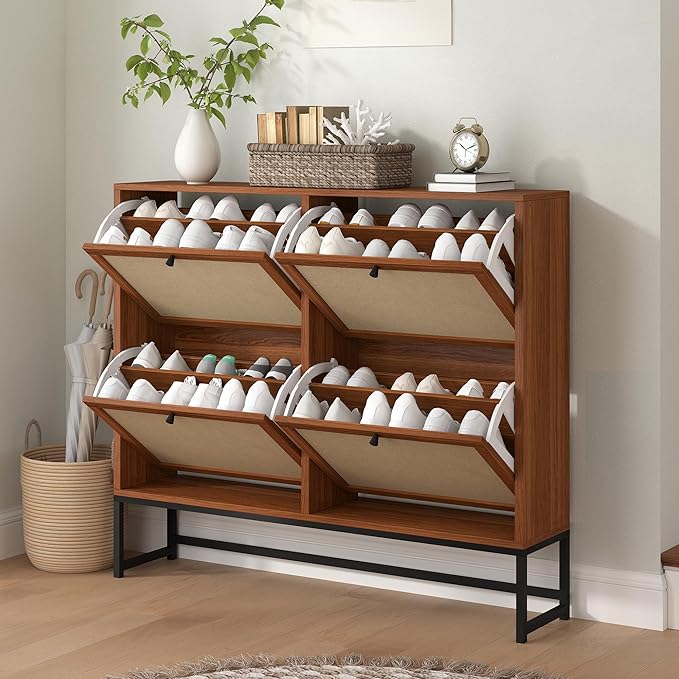 AVZEAR 43" Narrow Shoe Storage Cabinet for Entryway with Natural Linen Panel, Freestanding Slim Shoe Cabinet with 4 Flip Drawers, Wood Shoe Organizer Closed Shoe Rack for Hallway, Living Room(Walnut)