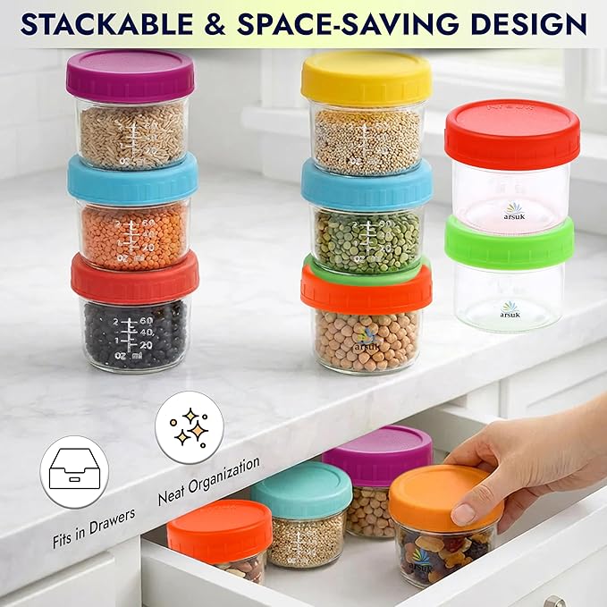 ARSUK 4 OZ Small Glass Containers with Lids (12 Pack) - Mini Glass Jars for Salad Dressing, To-Go Travel, Sauces, Spices, and Meal Prep - Reusable, Airtight, Leakproof, Microwavable and Freezer Safe