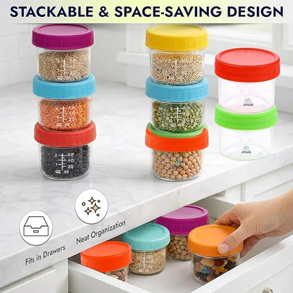 ARSUK 4 OZ Small Glass Containers with Lids (12 Pack) - Mini Glass Jars for Salad Dressing, To-Go Travel, Sauces, Spices, and Meal Prep - Reusable, Airtight, Leakproof, Microwavable and Freezer Safe