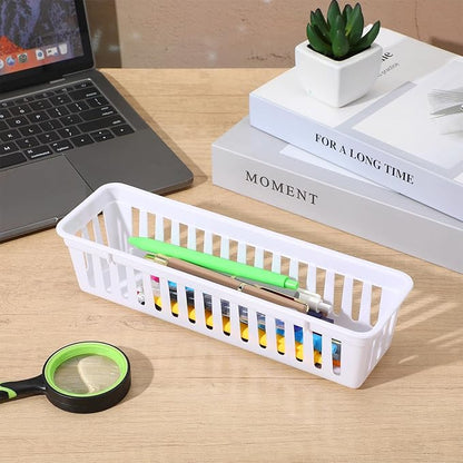 12 Pack Slim Plastic Storage Baskets Tray for Organizing 10.25 x 3.25 x 2.5 Inch Small Narrow Storage Bins Stackable Drawer Pencil Trays Holder for Desk Garage Cabinet Containers(White)