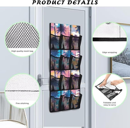 Colorful Coconut Tree Over the Door Shoe Organizer 12 Large Mesh Pockets Foldable Shoe Rack for Door Hanging Shoe Organizer Shoe Holder