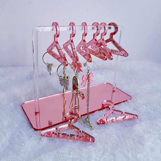 Earring Hanger Rack with 8 Mini Coat Hangers, Acrylic Earring Holder Display Stand, Ear Studs Hanging Earrings Organizer For Women Girls,Rose Gold