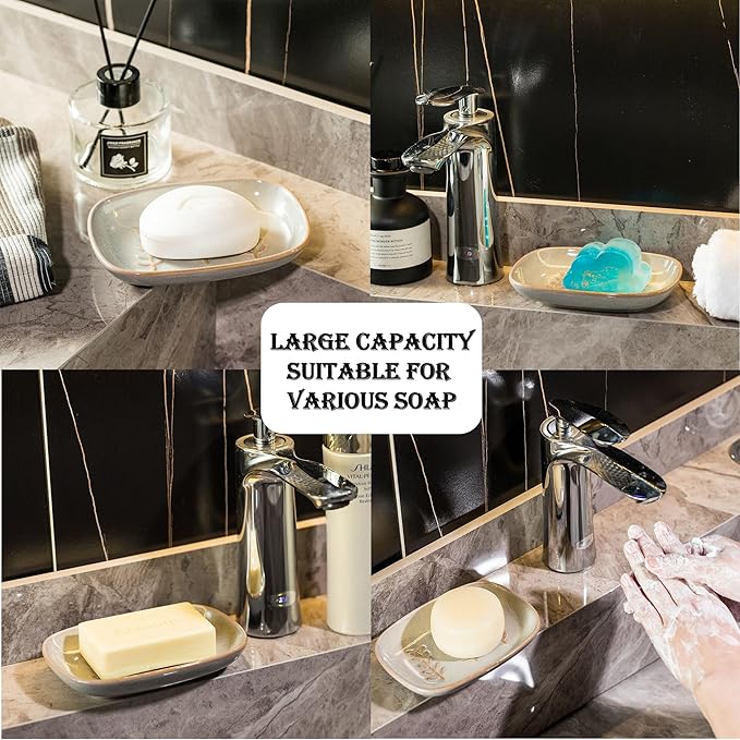 Miamolo Ceramic Soap Dish Soap Holder, Soap Lift for Bar Soap Sponge, Shower Soap Dishes for Bathroom Kitchen Counter Soap Saver Tray Keep Dry, Dishwasher Safe (Pack of 2)