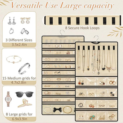 SATINIOR 2 Pcs Hanging Jewelry Organizer Storage Roll with Hanger Metal Hooks Double-sided Jewelry Holder for Earrings, Necklaces, Rings on Closet, Wall, Door, Large, Beige