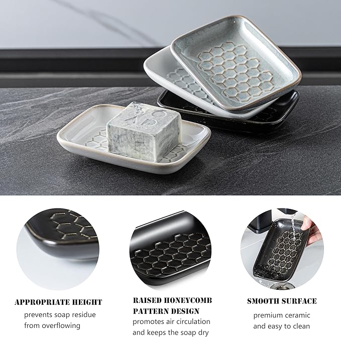 Gomakren Soap Dish for Shower, Ceramic Bar Soap Holder with Honeycomb Design - Soap Saver Tray for Bathroom Kitchen Sink, Sponge & Organizer Tray, Upscale Look, 5.5 Inch, Black