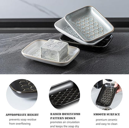 Gomakren Soap Dish for Shower, Ceramic Bar Soap Holder with Honeycomb Design - Soap Saver Tray for Bathroom Kitchen Sink, Sponge & Organizer Tray, Upscale Look, 5.5 Inch, Black
