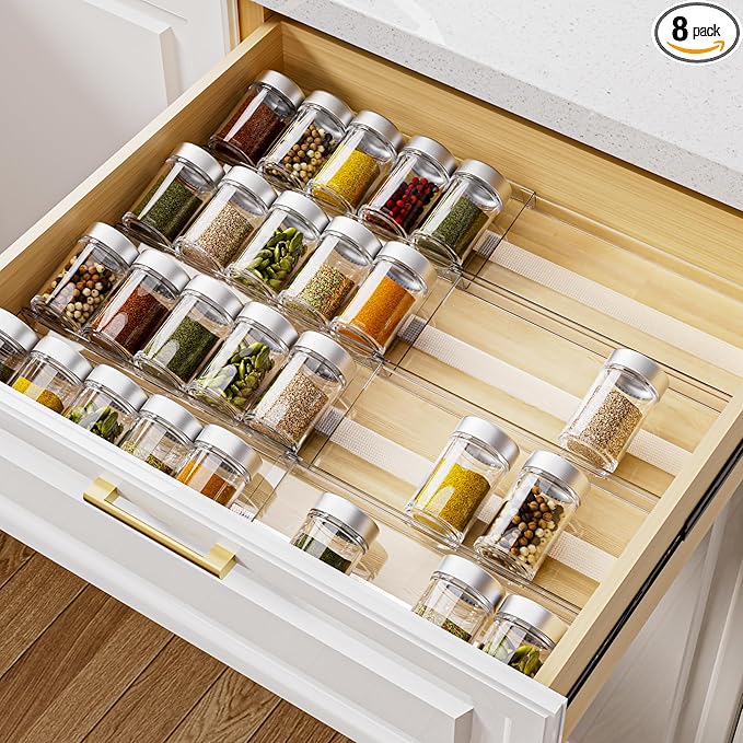 MIUKAA Acrylic Spice Drawer Organizer, 4 Tier - 8 Pack Seasoning Organizer for Drawer, Expandable From 13" to 26" Kitchen Drawer Spice Rack with Slip-Proof Mat (Jars not Included)