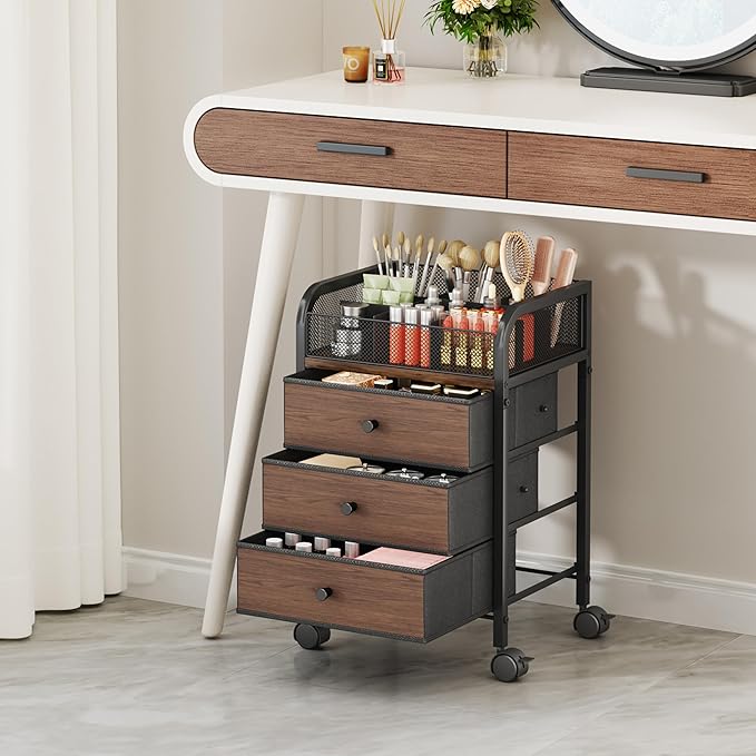 SWTYMIKI Rolling Makeup Organizer Cart - 14.96″*11.81″*23.03″ Widened Under Desk Vanity Storage with 3 Non-woven Drawers, Cosmetic Display Cases for Skin Care Perfume Nail Polish Brush Hair Tool Black