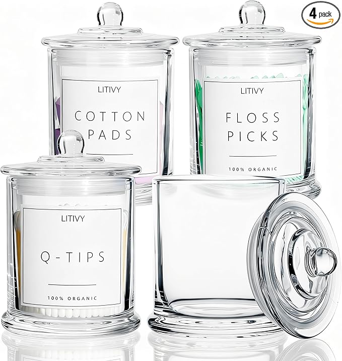 LITIVY 4 Pack Bathroom Organizers and Storage - 16 Oz Glass Qtip Holder & Cotton Pad Dispenser with Lid, Apothecary Jars for Home, Room Decor, Kitchen Organizer (Clear)