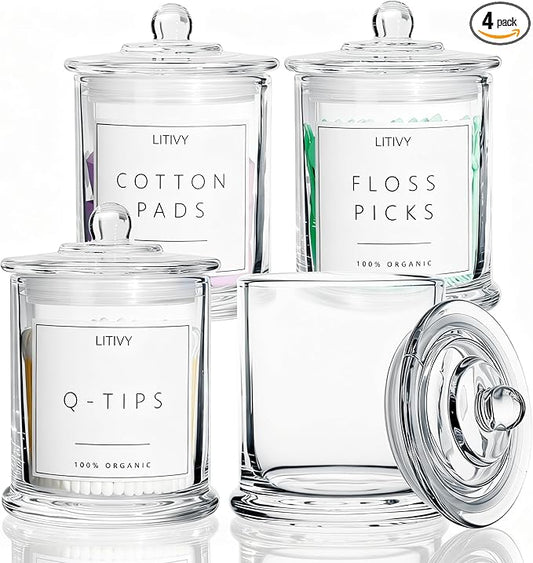 LITIVY 4 Pack Bathroom Organizers and Storage - 16 Oz Glass Qtip Holder & Cotton Pad Dispenser with Lid, Apothecary Jars for Home, Room Decor, Kitchen Organizer (Clear)