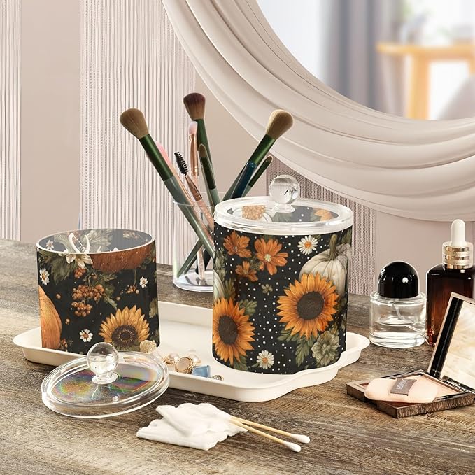 2 Pack Qtip Dispenser Apothecary Jars with Lids Cotton Round Holder Bathroom Canisters for Cotton Swab Floss Ball Pads Clear Plastic Decorative Black Pumpkins Sunflowers Daisy