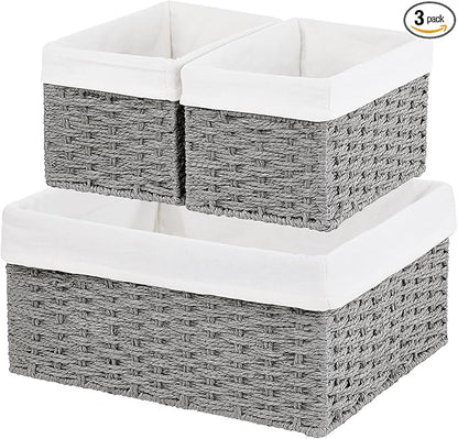 Vagusicc Wicker Basket, Set of 3 Hand-woven Storage Baskets for Organizing, Decorative Rectangle Wicker Storage Basket Bins with Handles, Small Toilet Paper Storage Baskets for Shelves & Decor, Grey