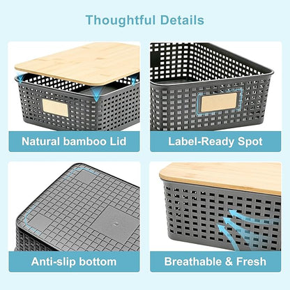 Bagnizer 4 Pack Plastic Storage Bins with Bamboo Lids, 6.2qt Stackable Storage Organizer Box with Lable for Pantry Shelves Drawers Desktop Office, 12"L x 8.3"W x 3.5"H, Gray
