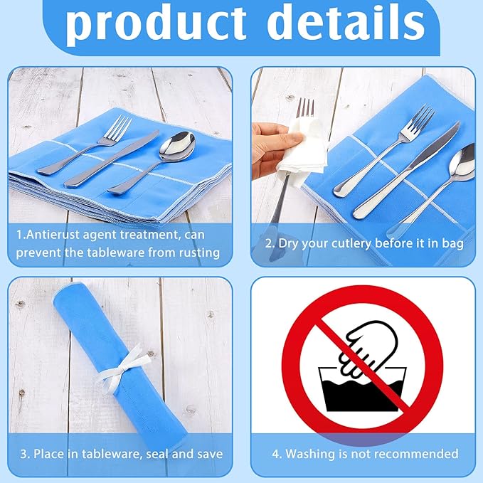 Saintrygo 6 Pieces Silver Storage Bags Anti Tarnish Silver Protector Bags Blue Holder for Silverware Flatware Storage Organizer Cloth Place Setting Roll with White Ribbon for Kitchen Utensils