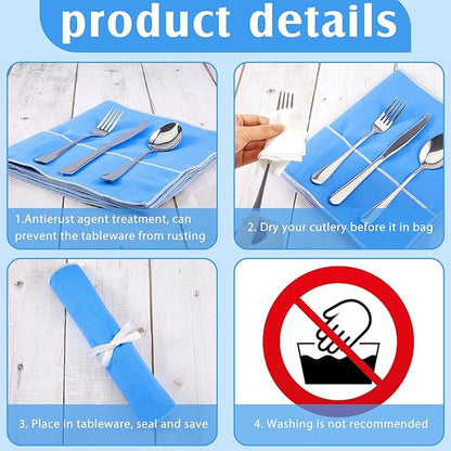 Saintrygo 6 Pieces Silver Storage Bags Anti Tarnish Silver Protector Bags Blue Holder for Silverware Flatware Storage Organizer Cloth Place Setting Roll with White Ribbon for Kitchen Utensils